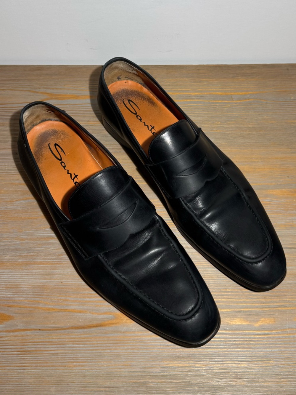 Santoni Black Leather Penny Loafers 11.5